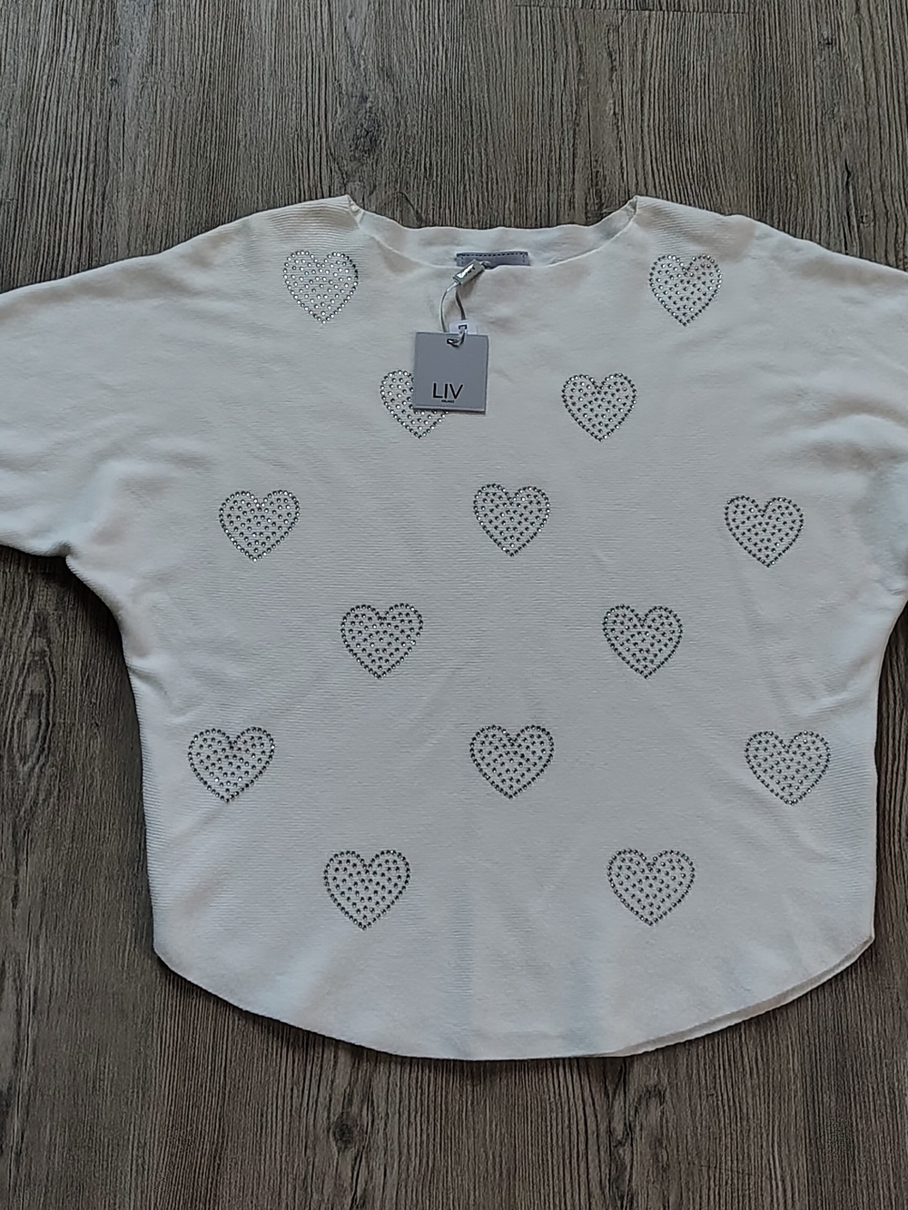 LIV Milano Womens Small Rhinestone Heart Knit Sweater Drop Shoulder NWT Romantic